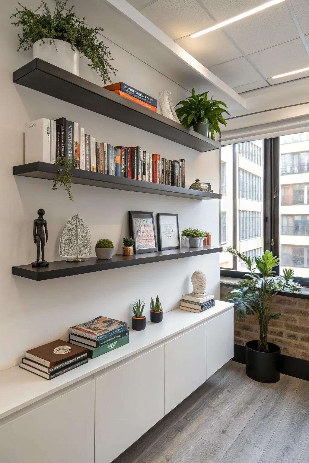 Floating shelves provide chic storage options without occupying valuable floor space.