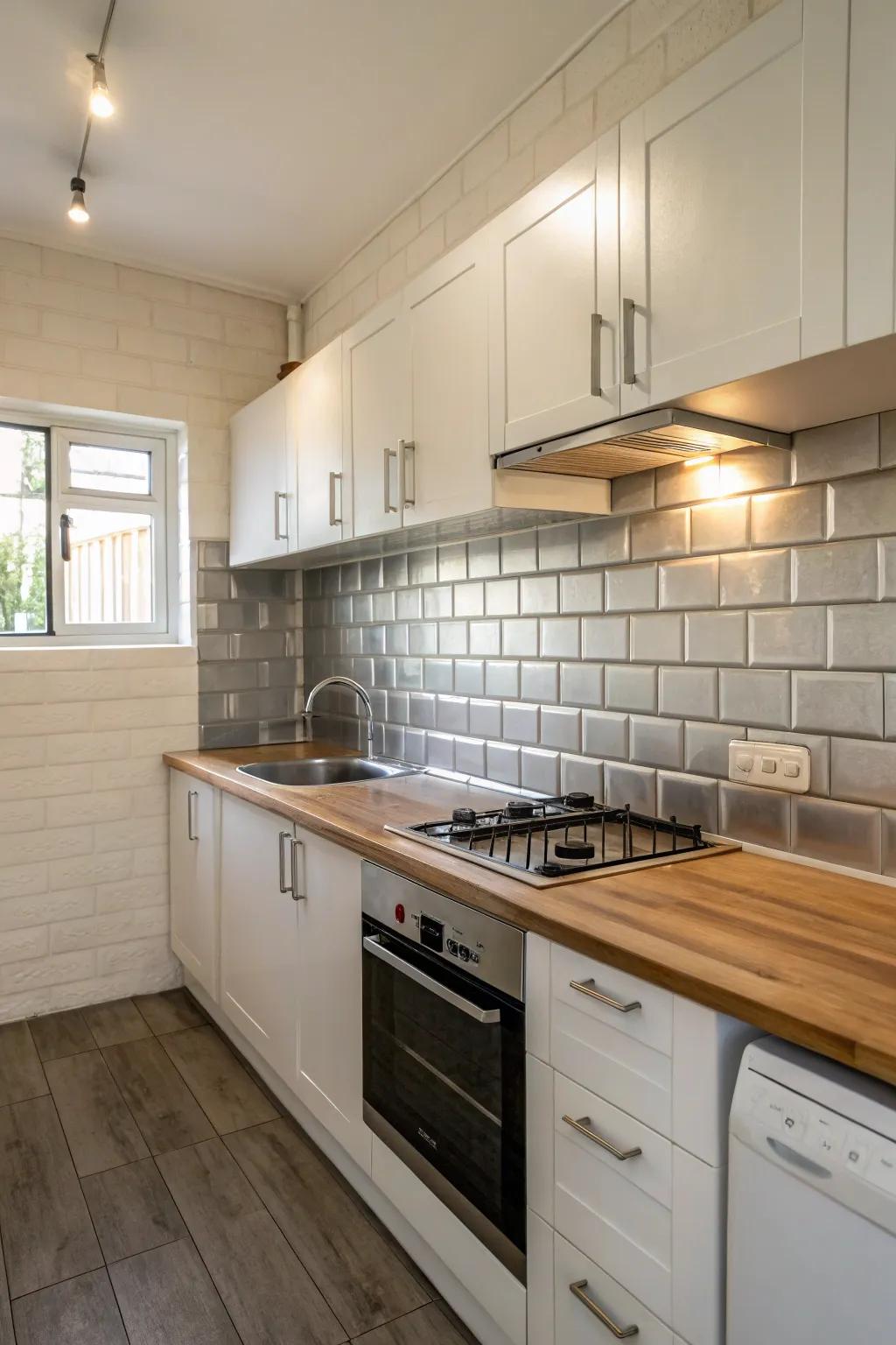 A minimalist kitchen featuring a brushed metal tile backsplash with a matte finish.