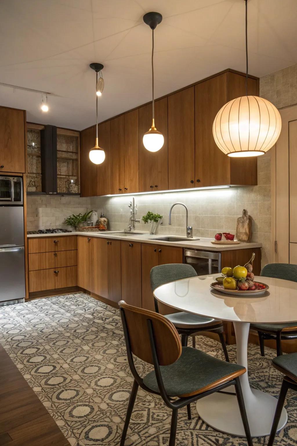Retro pendant lights add a stylish touch to this mid-century kitchen.