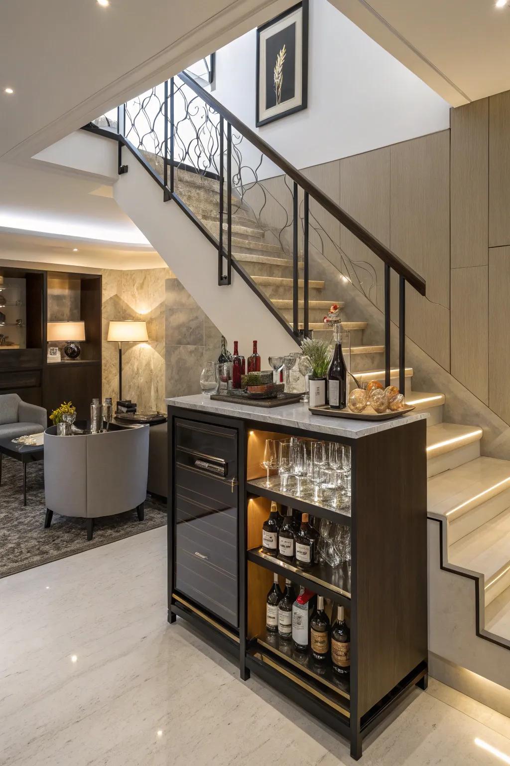 A mini-bar fashioned beneath the staircase amplifies spatial economy and contributes an unexpected element of charm.