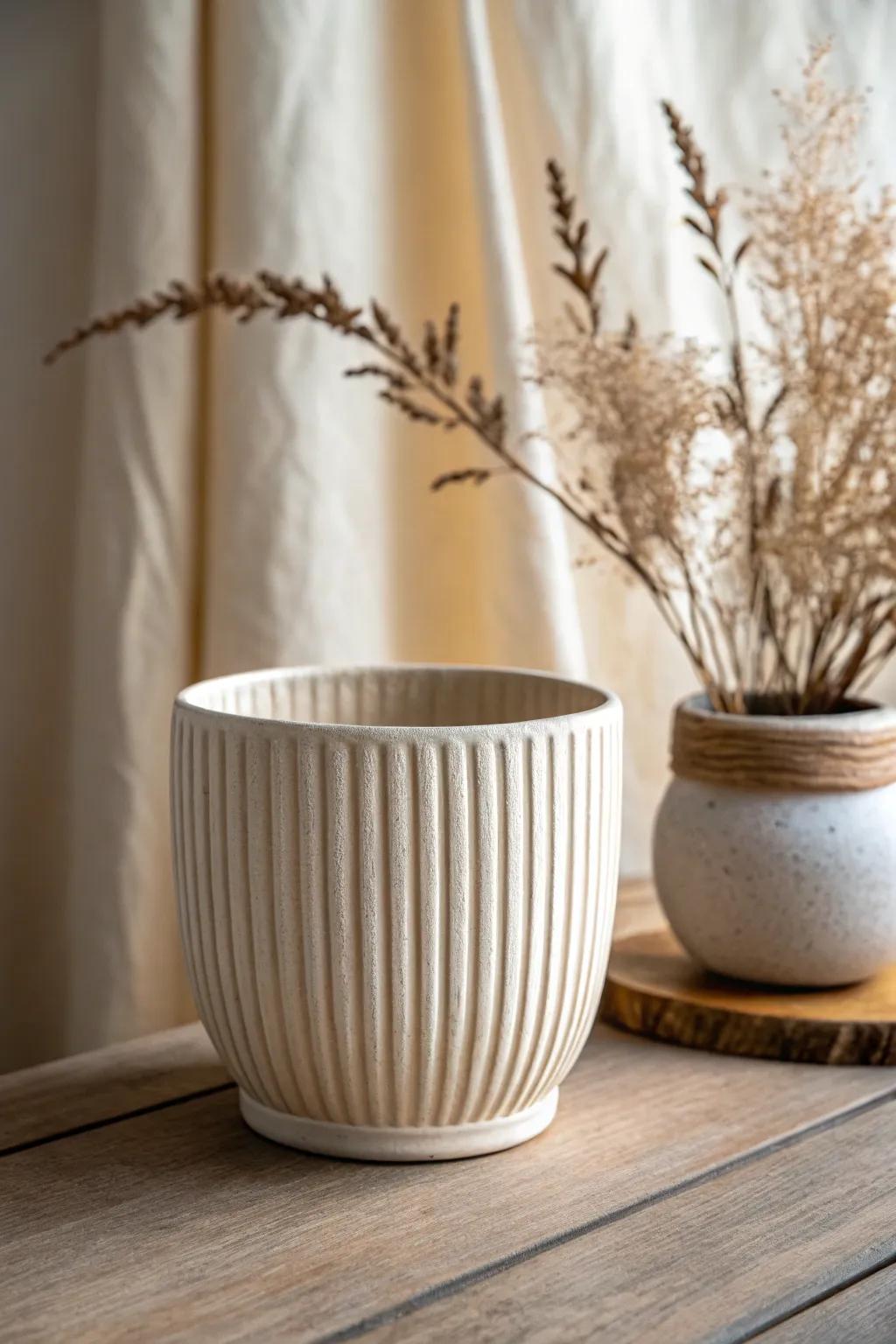Elevate your space with the subtle elegance of ribbed ceramics, where minimalism meets textured beauty.