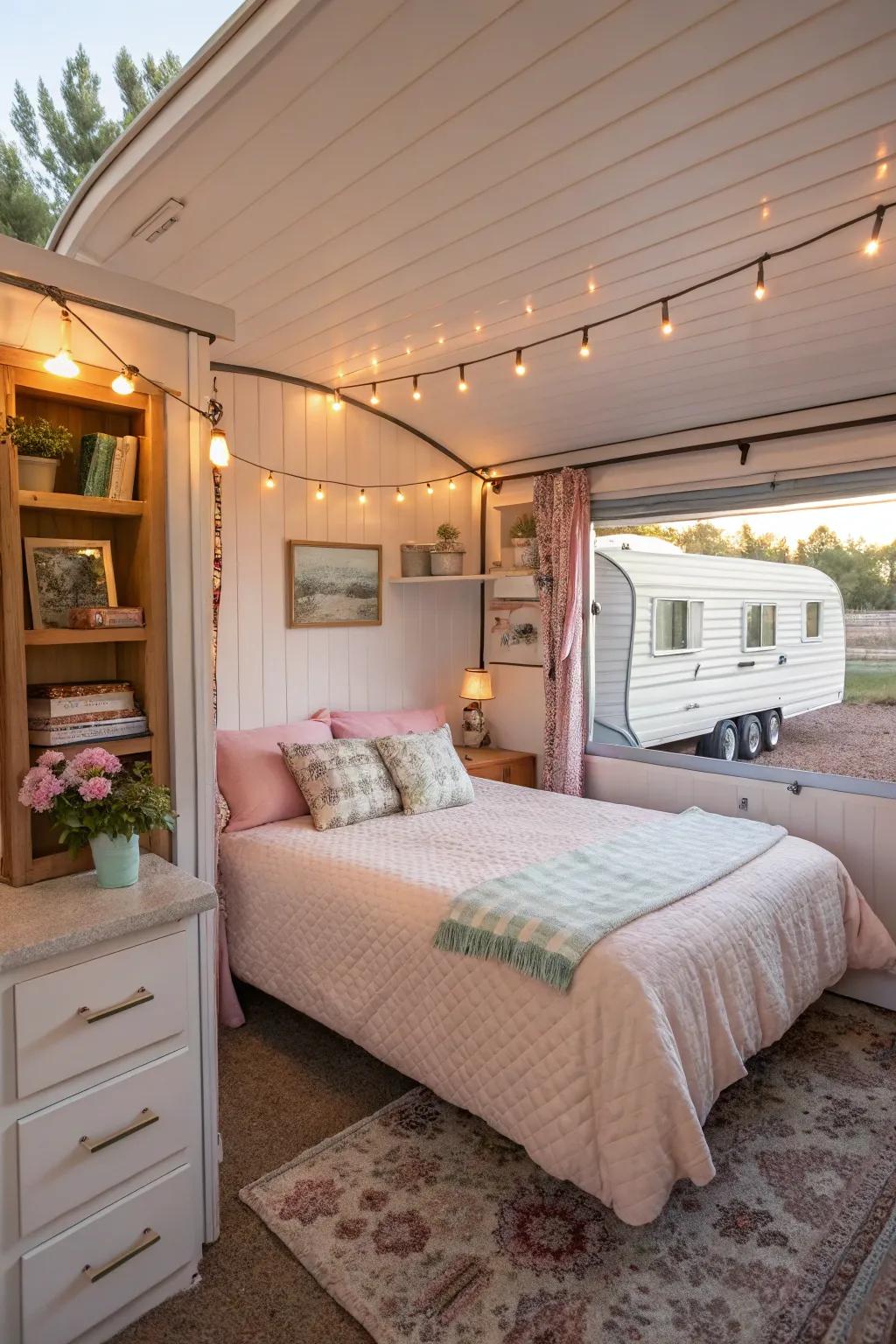 A well-appointed extra sleeping area addition to a mobile home, offering additional room.