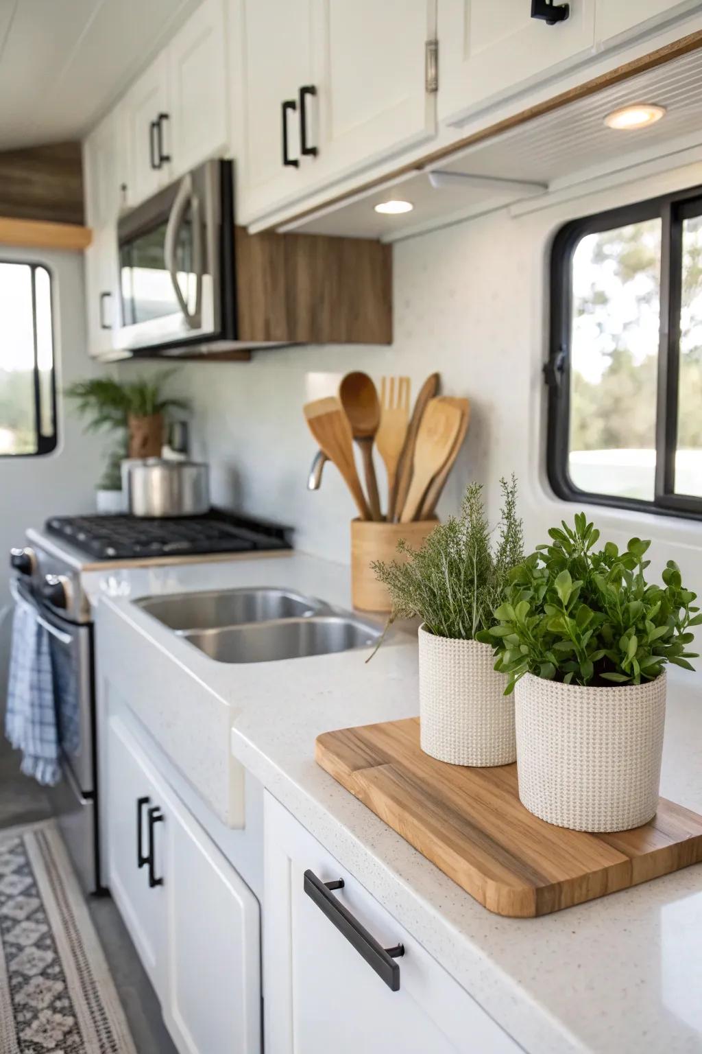 Stylish quartz countertops transform this mobile kitchen.