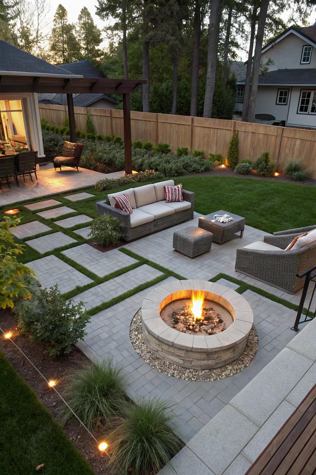A contemporary backyard designed around a chic fire pit.