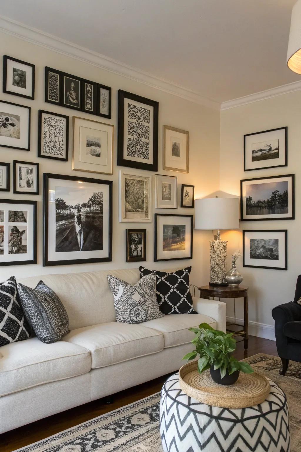 A monochrome gallery wall adds personality and depth to the room.