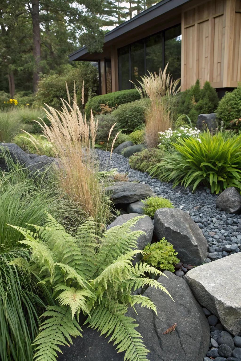 Black rocks highlighting vibrant greenery.