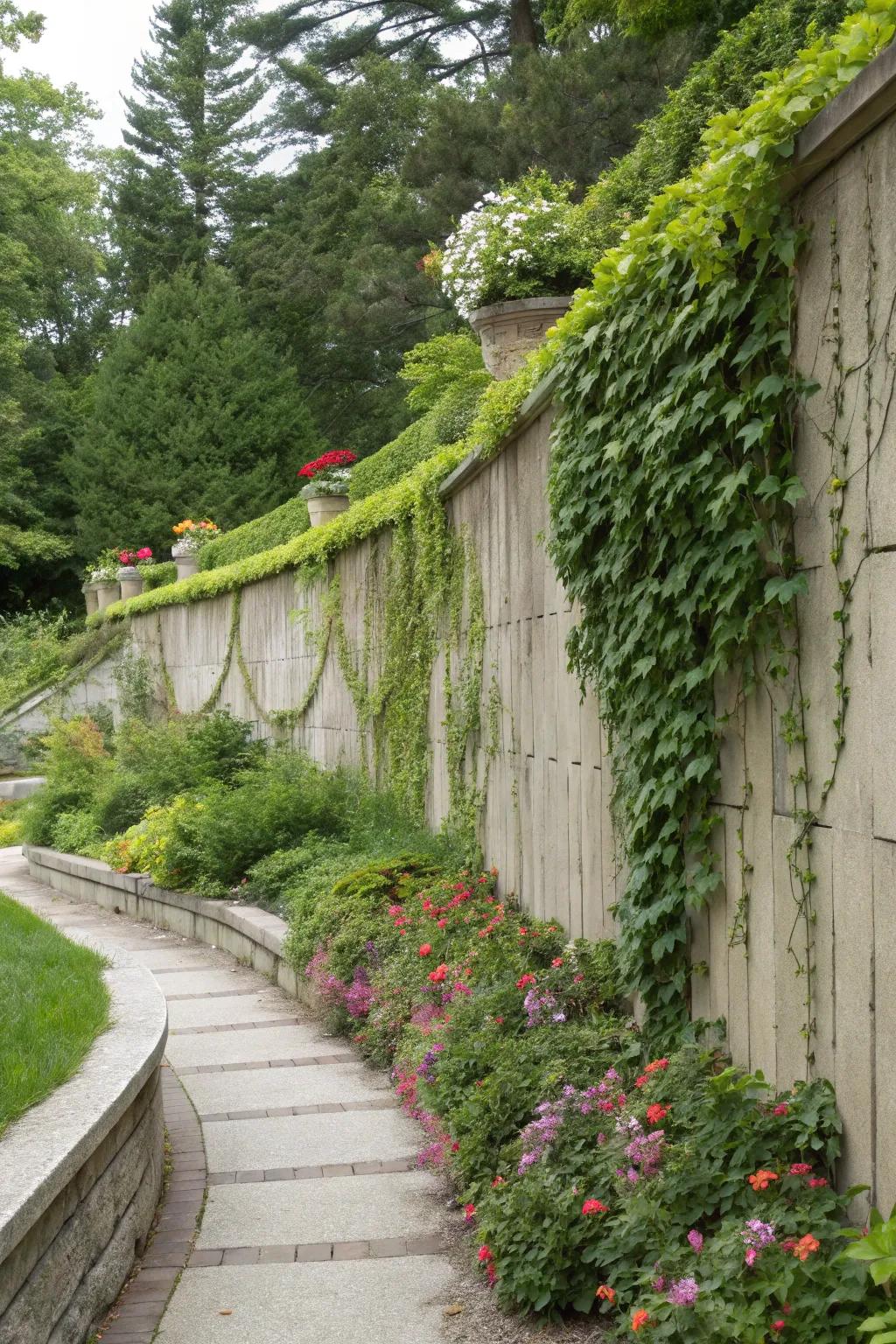 Concrete wall showcasing ascending tendrils and extravagant verdure.