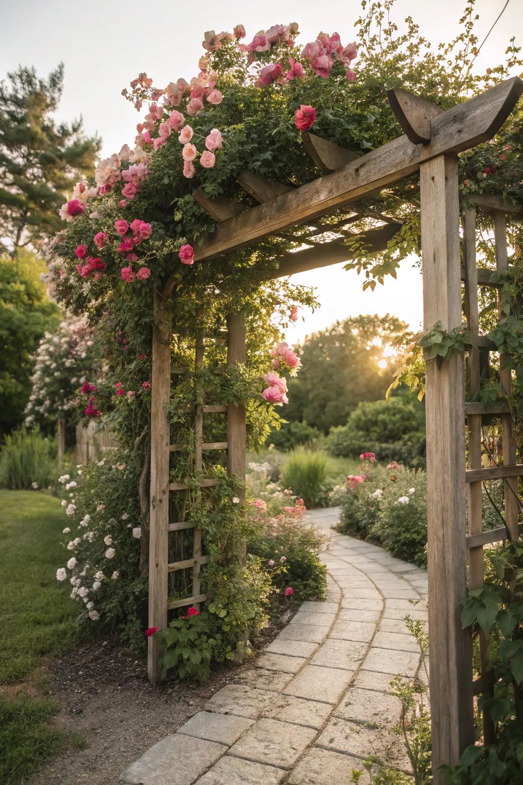 Trellises provide vertical interest and a framework for vibrant blossoms.