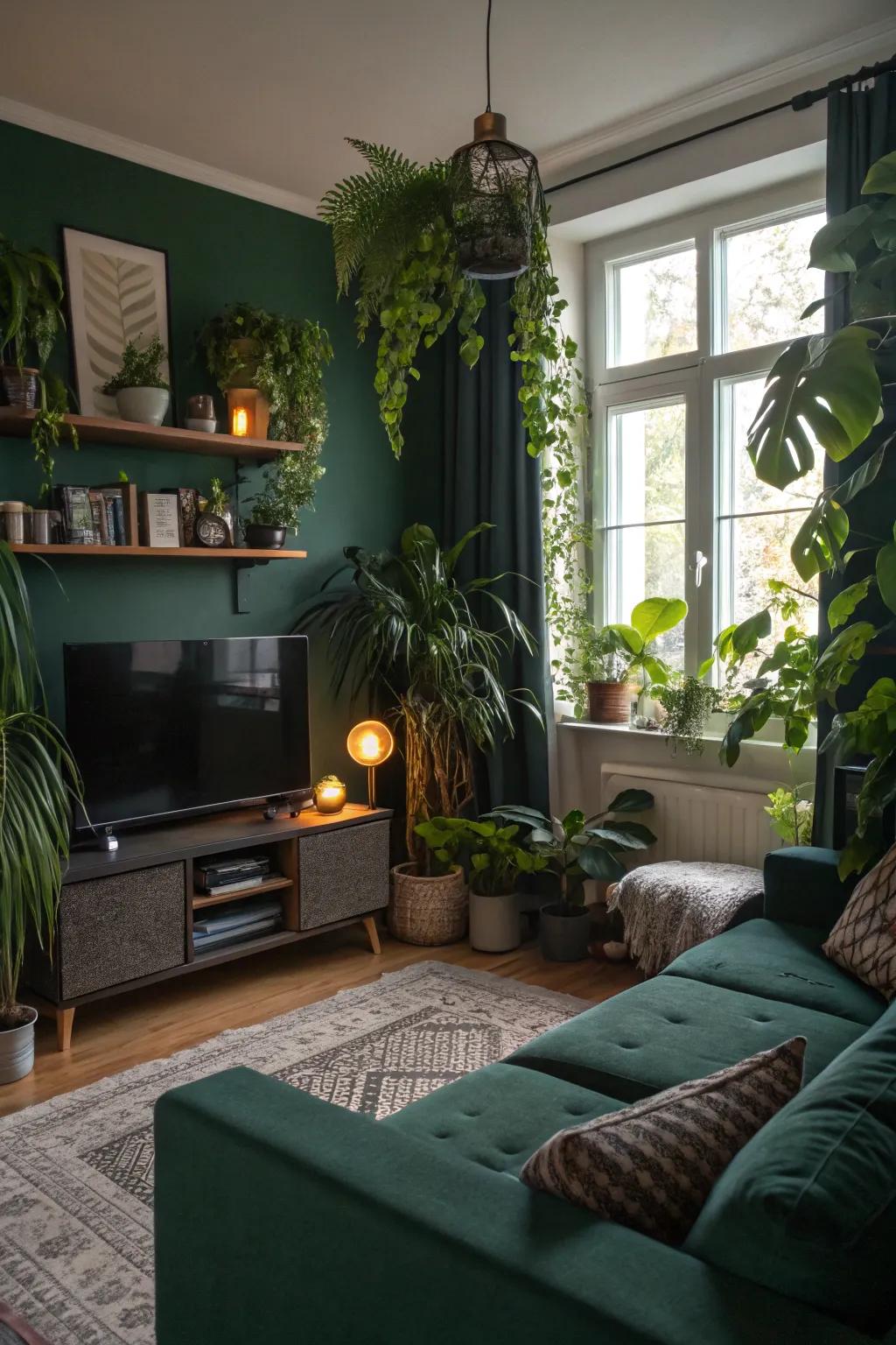 Houseplants amplify the raw vibe of a dark green living space.