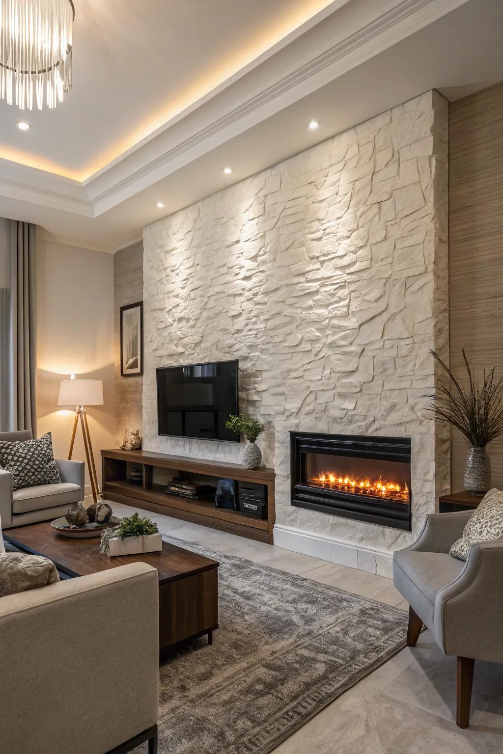 A textured feature wall highlights a modern electric fireplace.