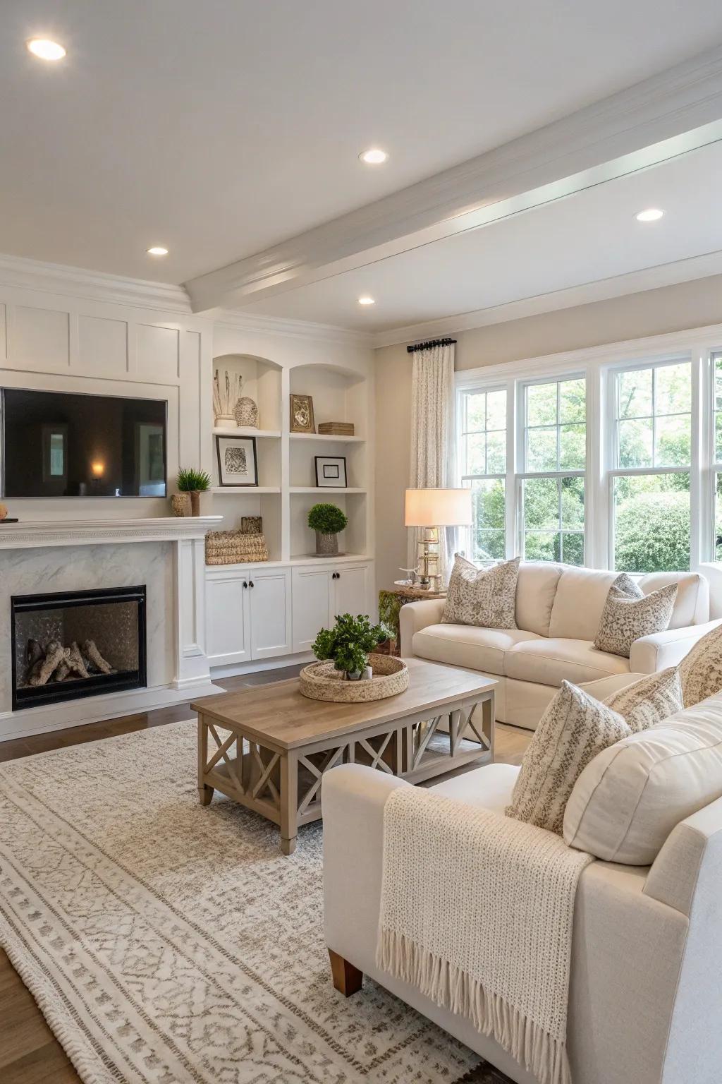 A serene family room showcasing a calming neutral color scheme.