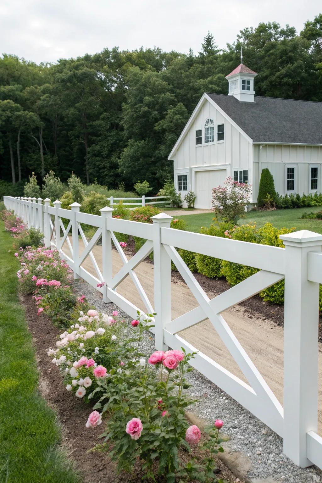A classic white cross-beam pattern fence adding timeless charm to a modern farmhouse.
