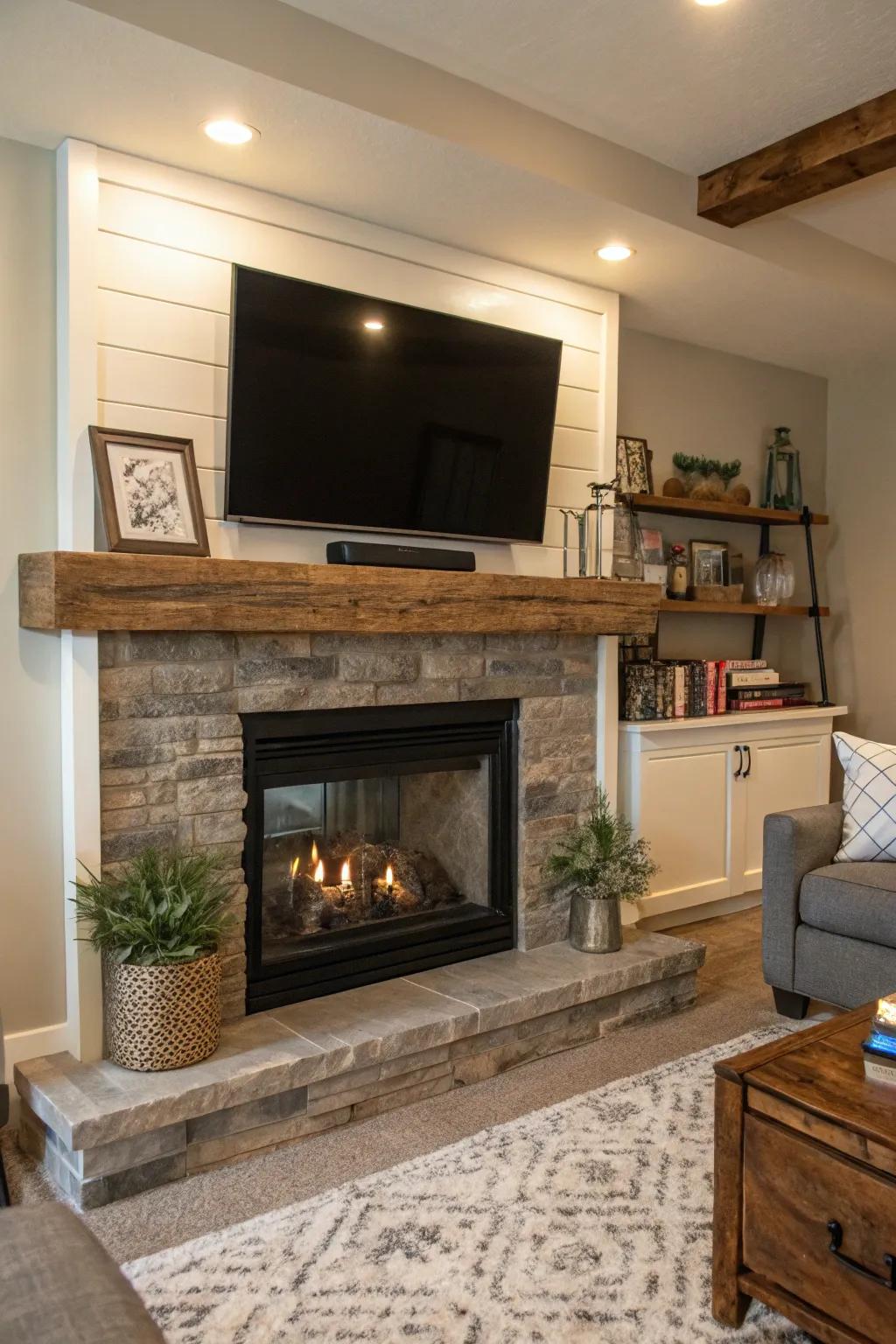 A homespun wooden beam contributes warmth to a modern fireplace and TV installation.