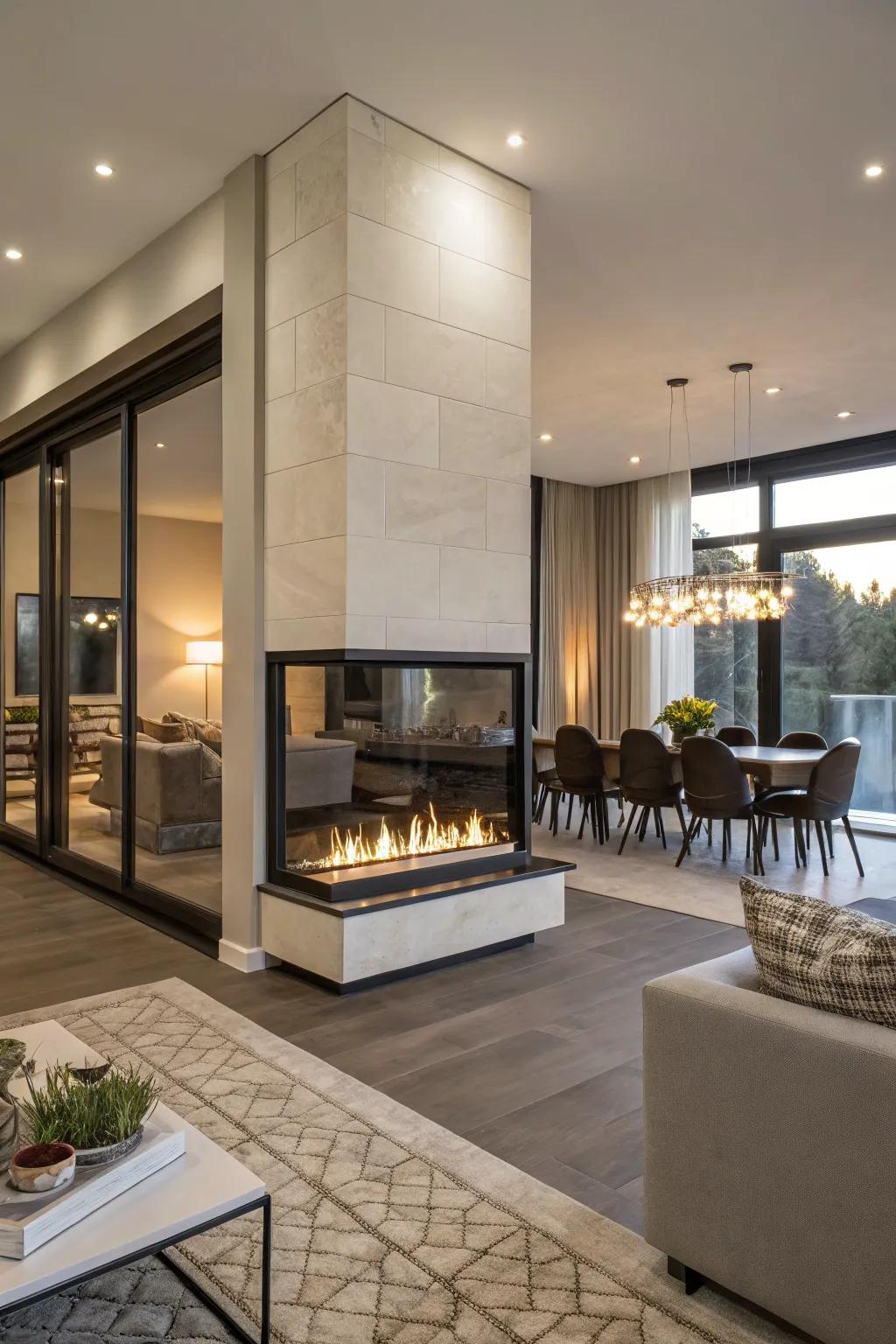 A double-sided fireplace elegantly bridges the divide between a living room and a dining area.
