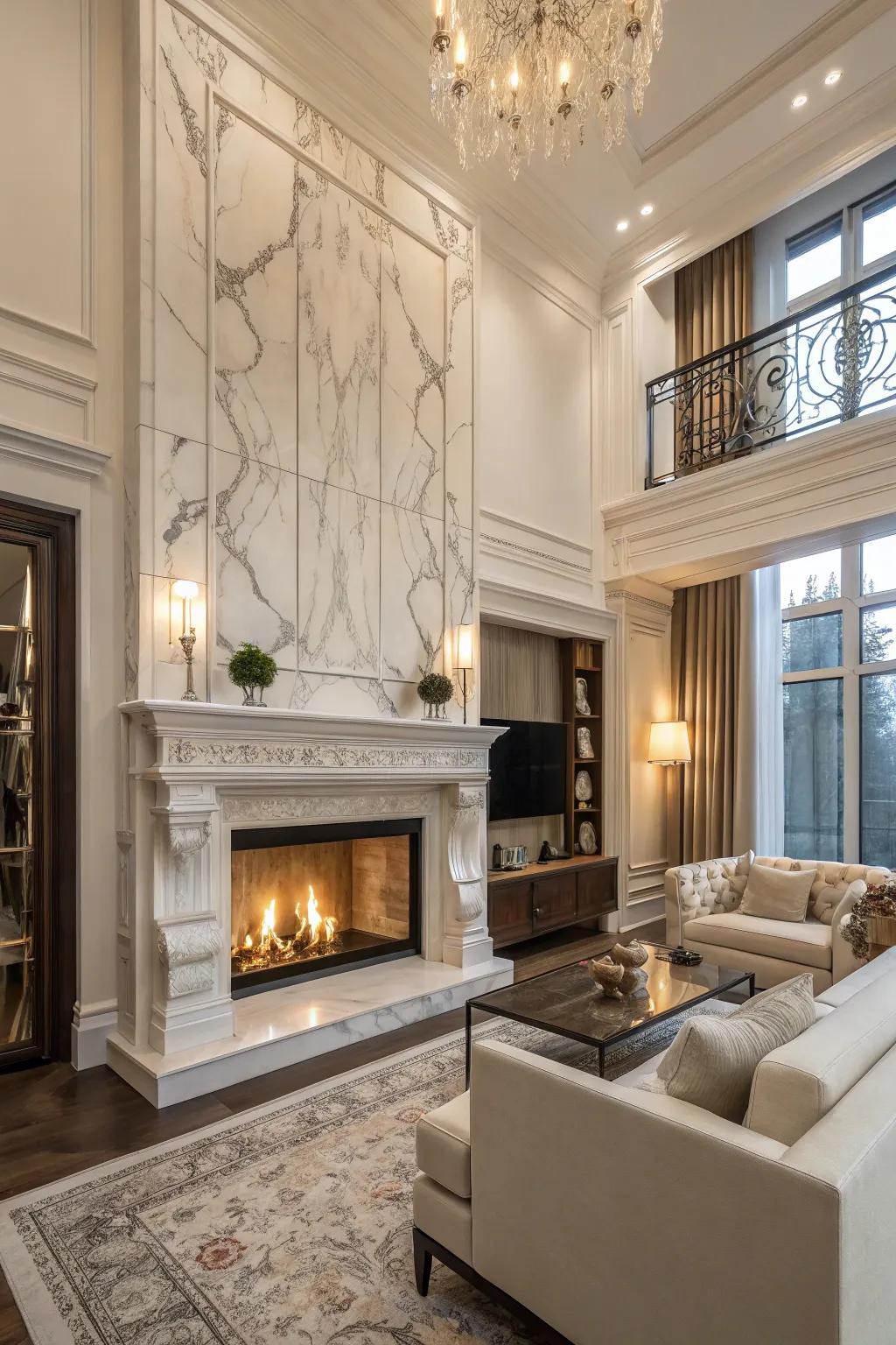 An opulent fireplace featuring marble tiling.