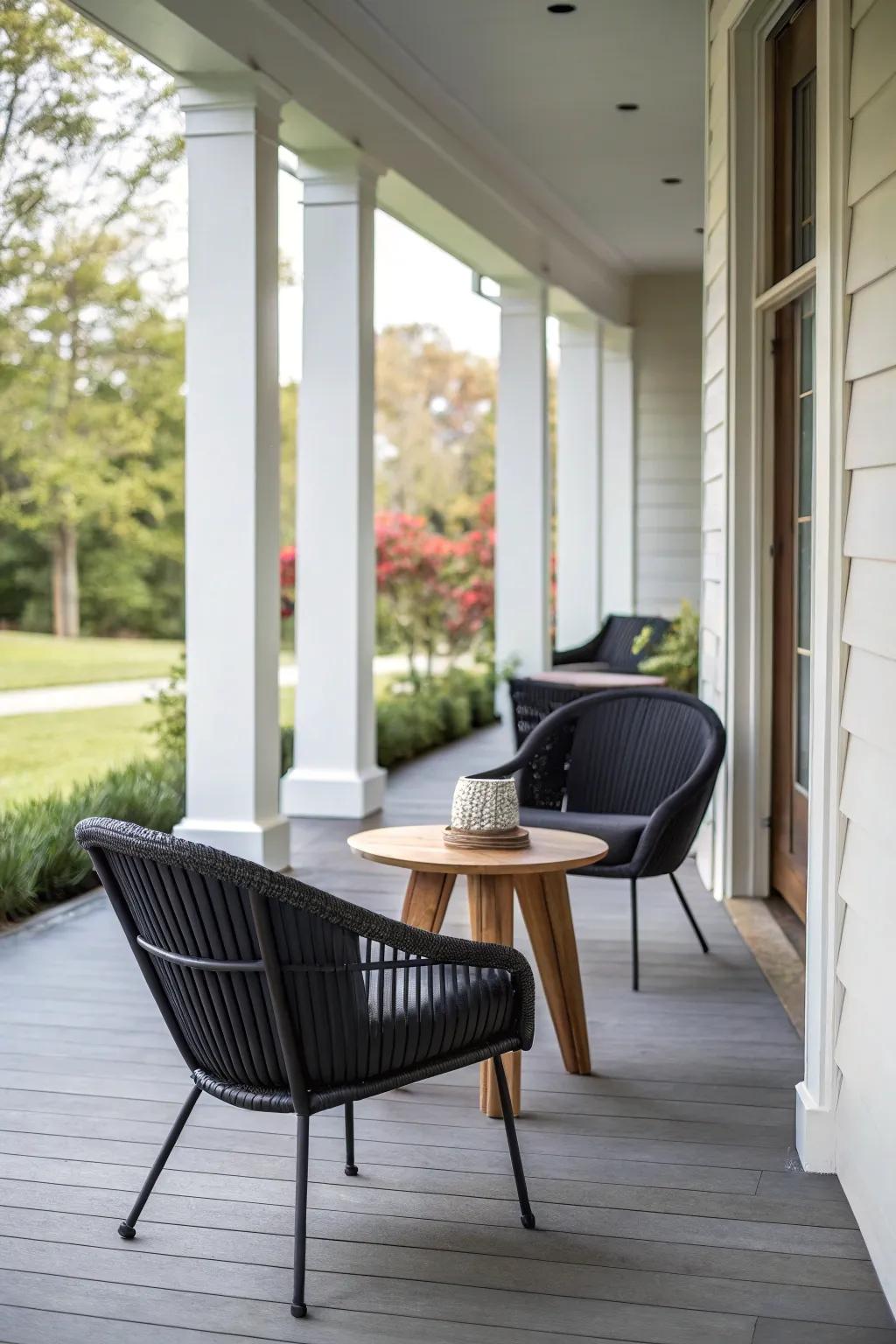 Refined furnishings enhance the appeal of a modern porch.