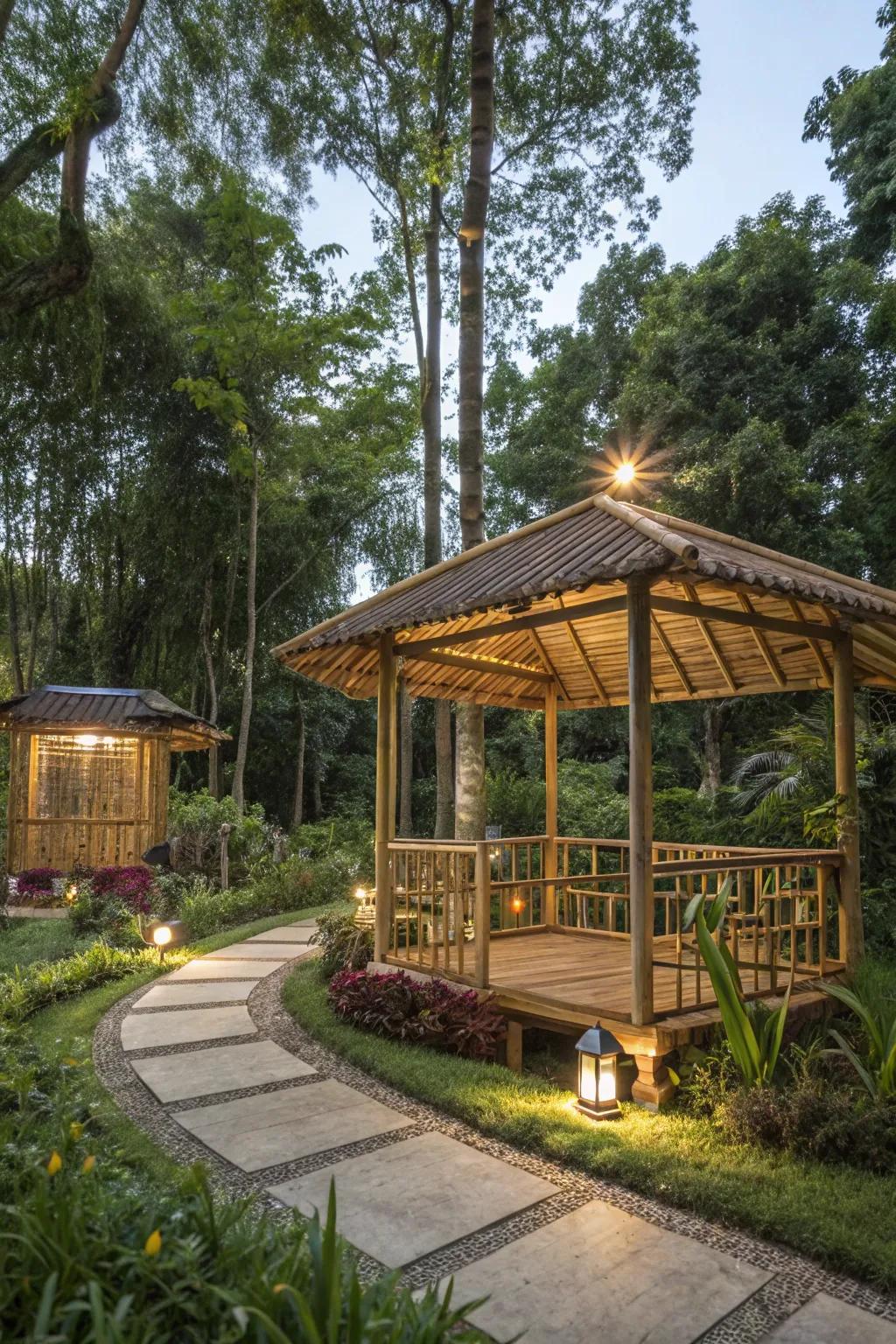 An eco-friendly bamboo gazebo providing a tranquil and sustainable outdoor setting.