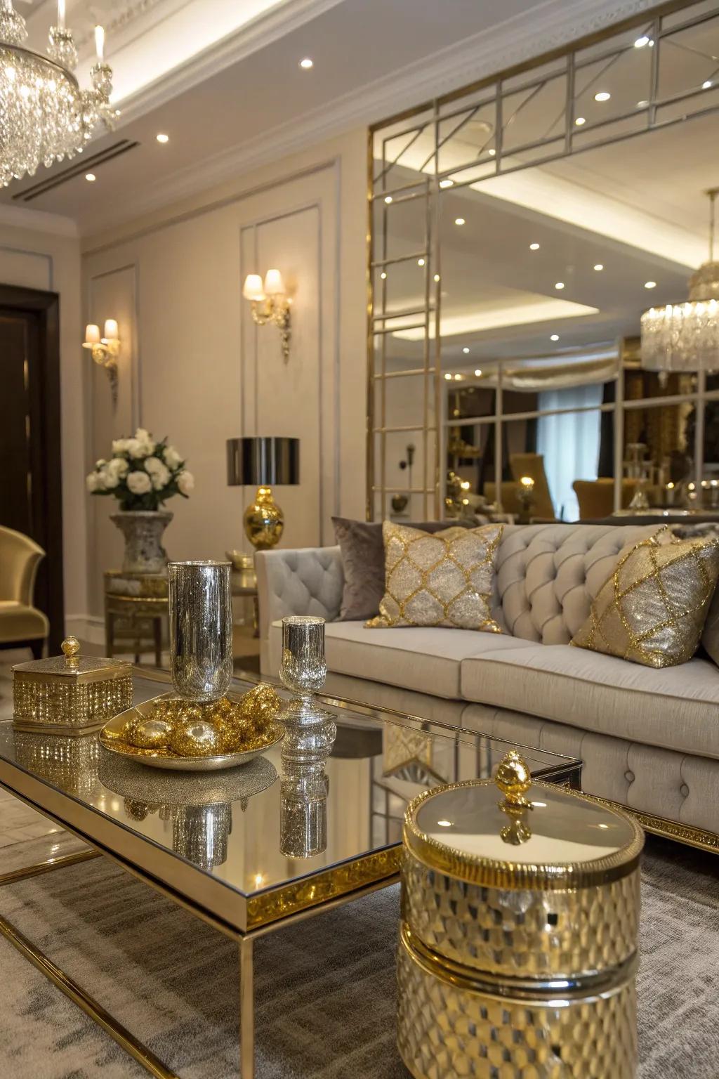 Surfaces with mirror finish enhance the sophistication of gold and silver elements.
