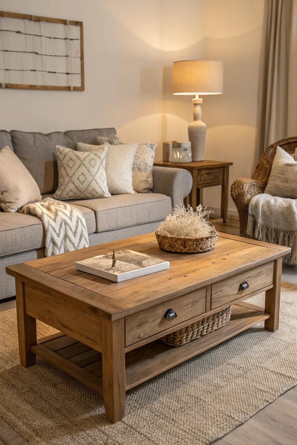 Organic wood accents infuse warmth into the neutral palette.