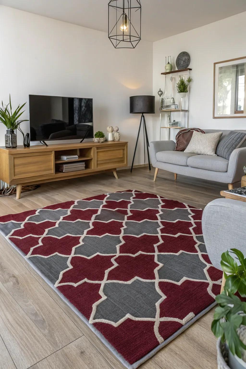 A living space featuring a patterned wine-red and grey rug and modern décor.