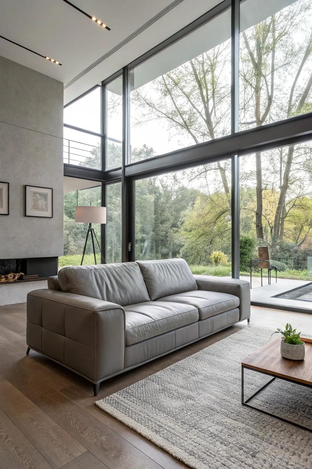 Sunlight enlivening a contemporary family space with a charcoal hide settee.
