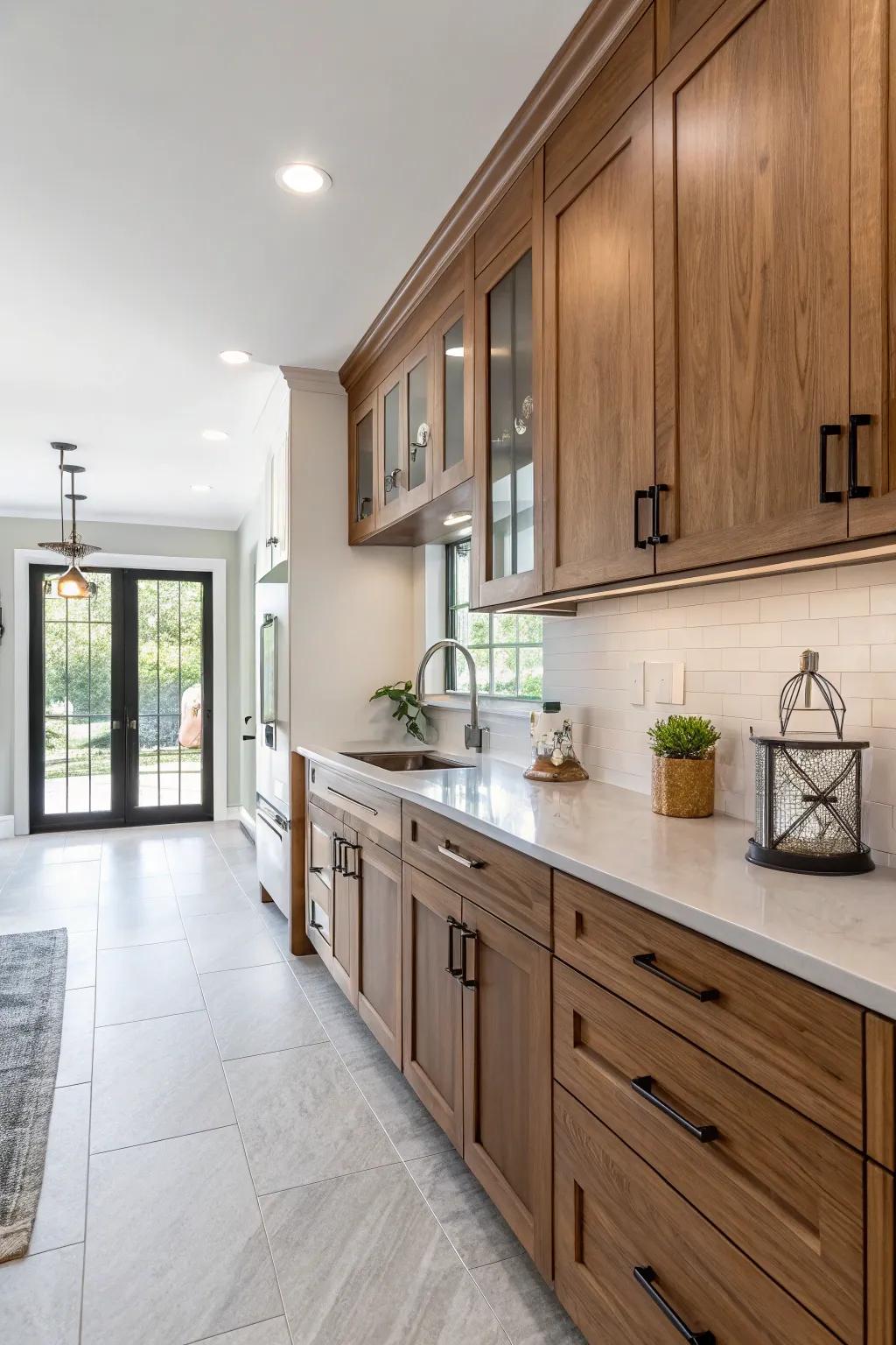 Sleek hardware modernizes the rustic charm of hickory cabinets.