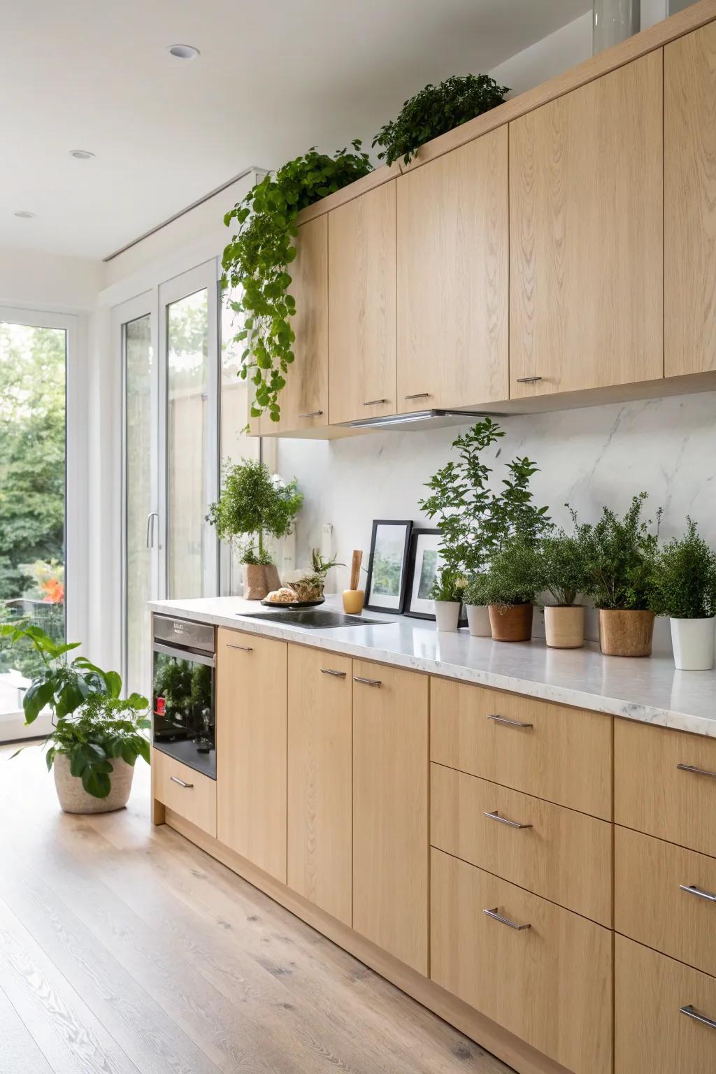 Indoor plants complement the natural beauty of light maple cabinets perfectly.