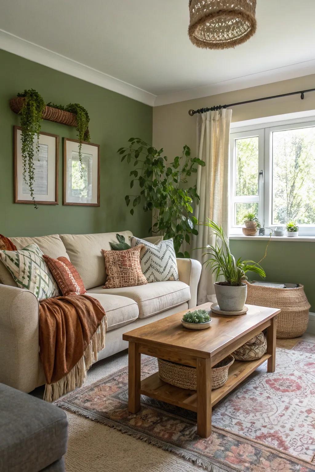 Earth-inspired green walls merge nature with modern flair in this inviting living space.