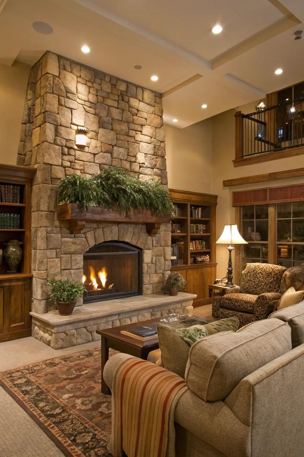 The stone fireplace serves as a stunning centerpiece in this modern lodge.