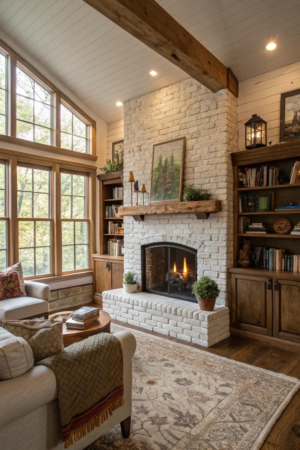 Whitewashed brick fireplace brightens up the area.