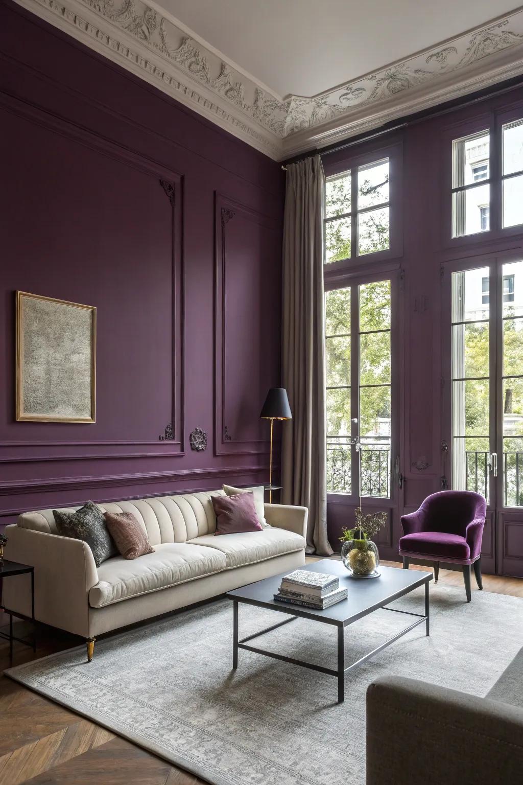Deep purple walls providing a cozy backdrop to a modern living room.