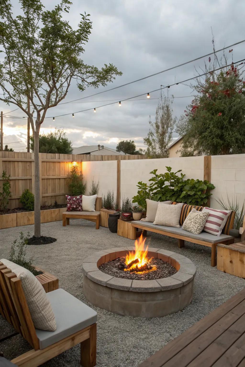 A fire pit creates a welcoming center for outdoor social events.