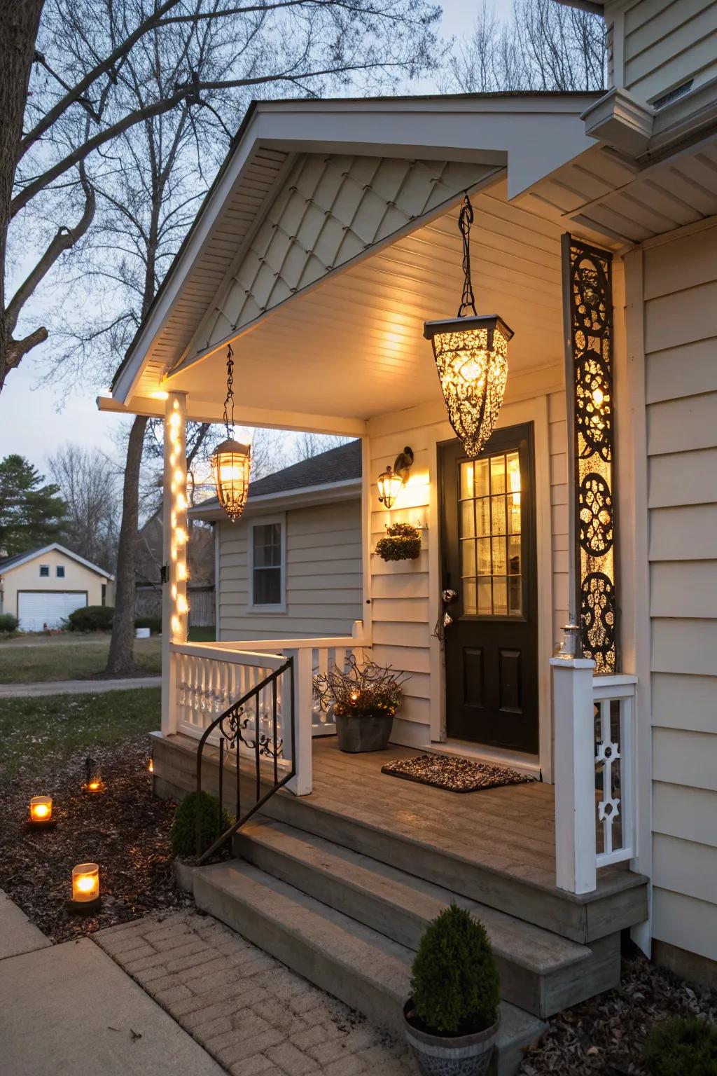 A small front porch illuminated by stylish decorative lighting fixtures.