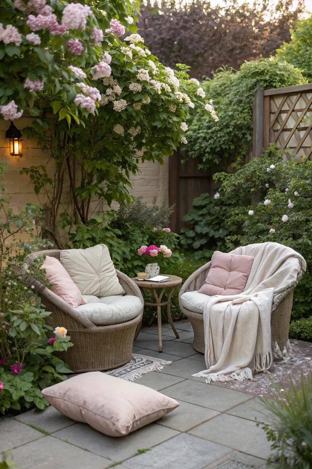 An inviting seating area ideal for unwinding in a small garden.