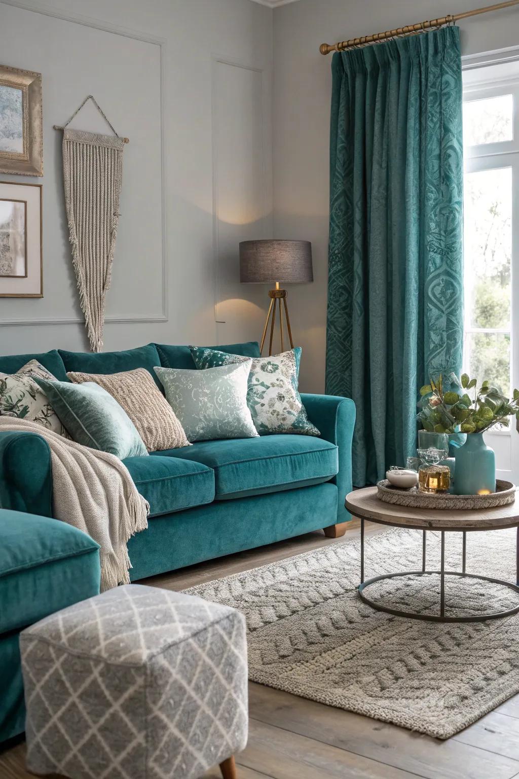Layering different textures in teal and grey adds warmth and depth.