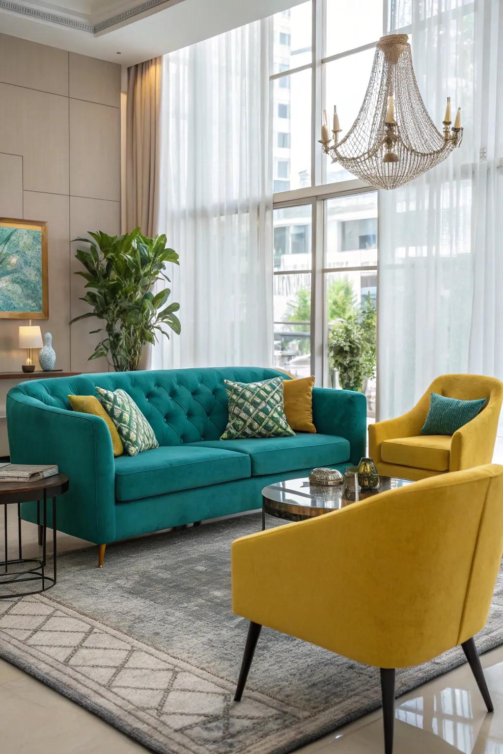 Create a strong impression with a seafoam settee.