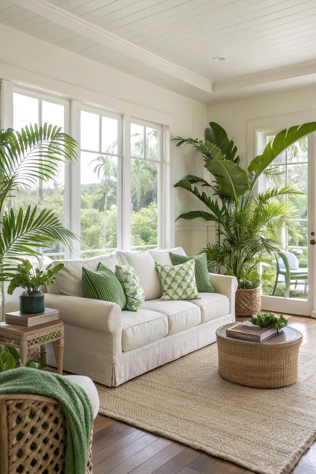 Earthy shades produce a tranquil and welcoming tropical living space.