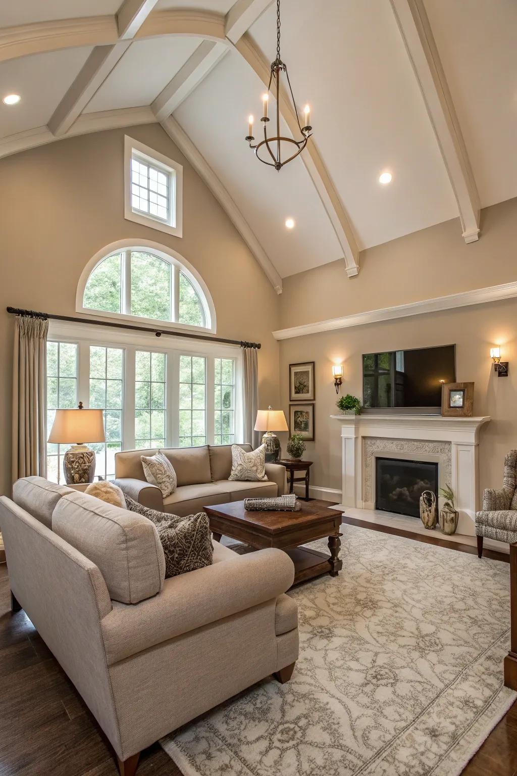 Balanced colors amplify the serene and spacious sensation of this high ceiling living area.