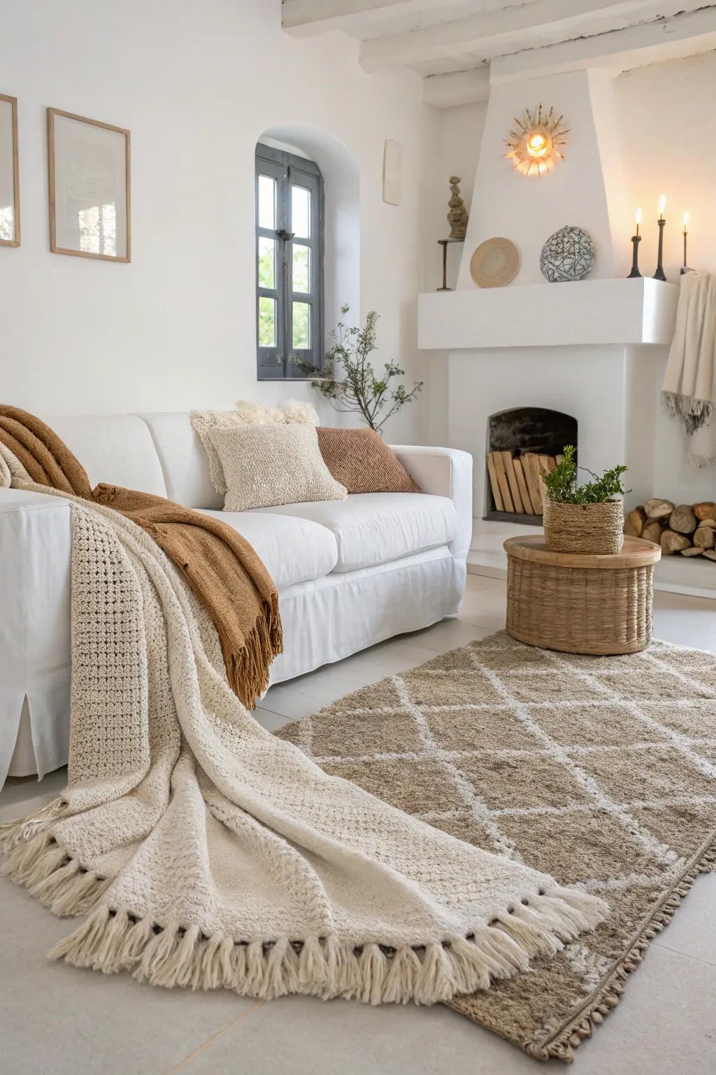 Textural elements like rugs and throws add depth to a white living room.