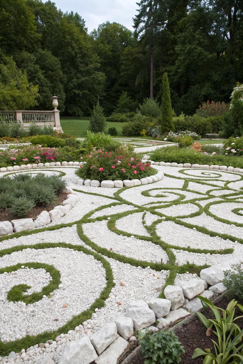 A garden showcasing symmetrical arrangements fashioned using alabaster stones, injecting a modern artistic flair.