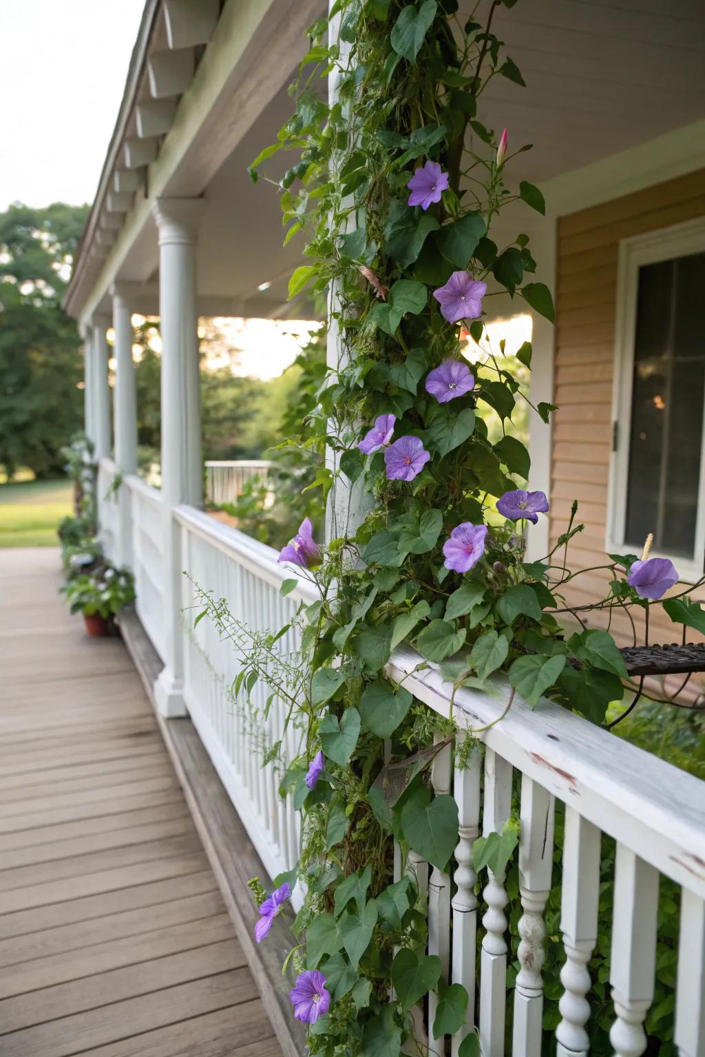 Porch railings beautifully adorned with morning glory vines.