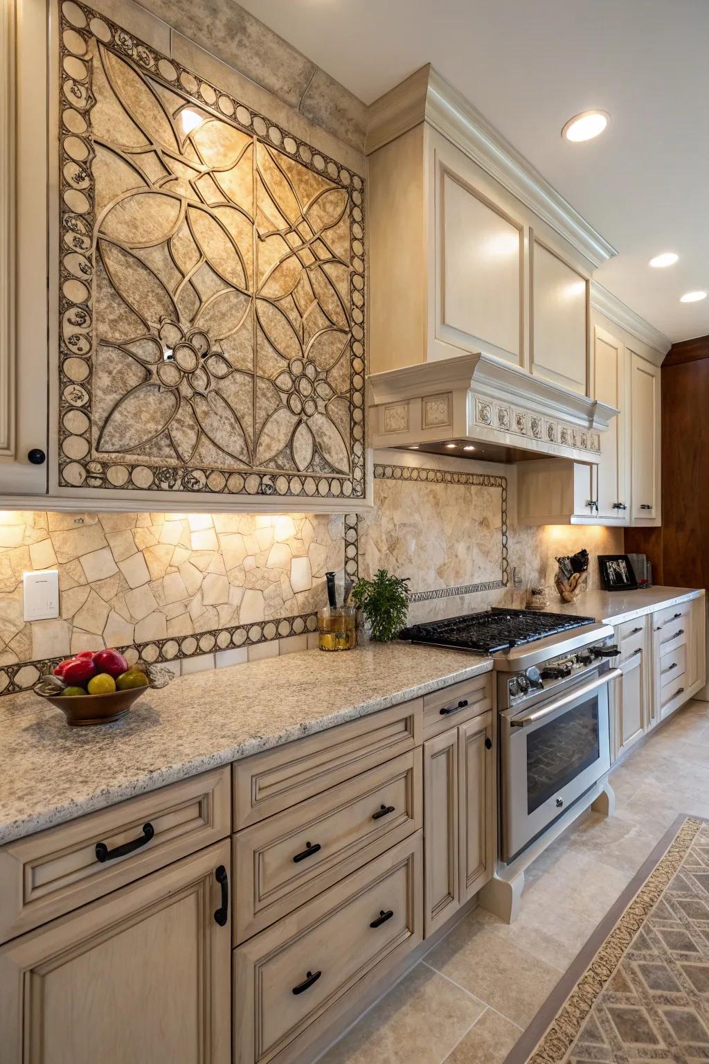Natural stone mosaics bring timeless elegance to the kitchen.