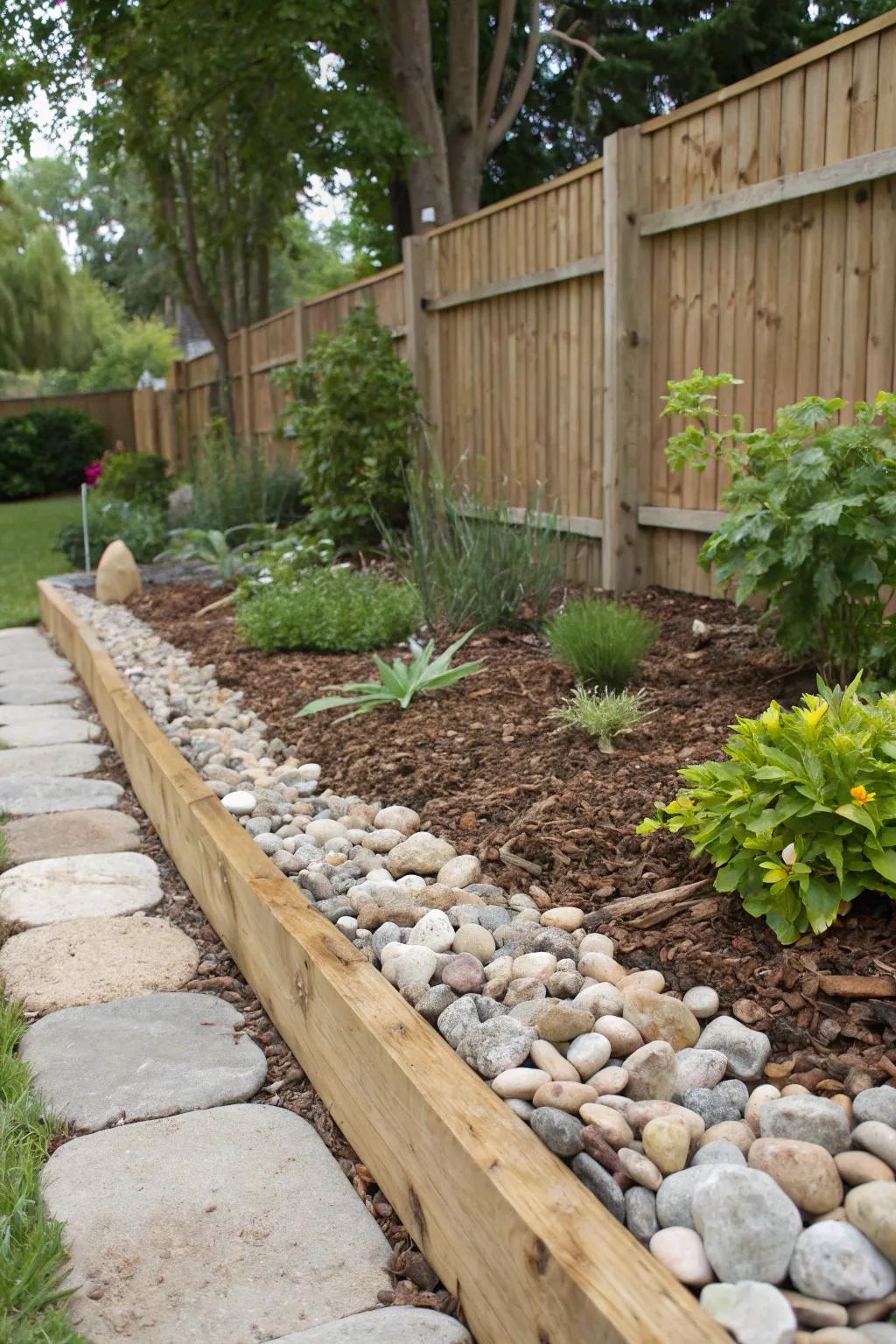 Mix of materials enhances garden border aesthetics.