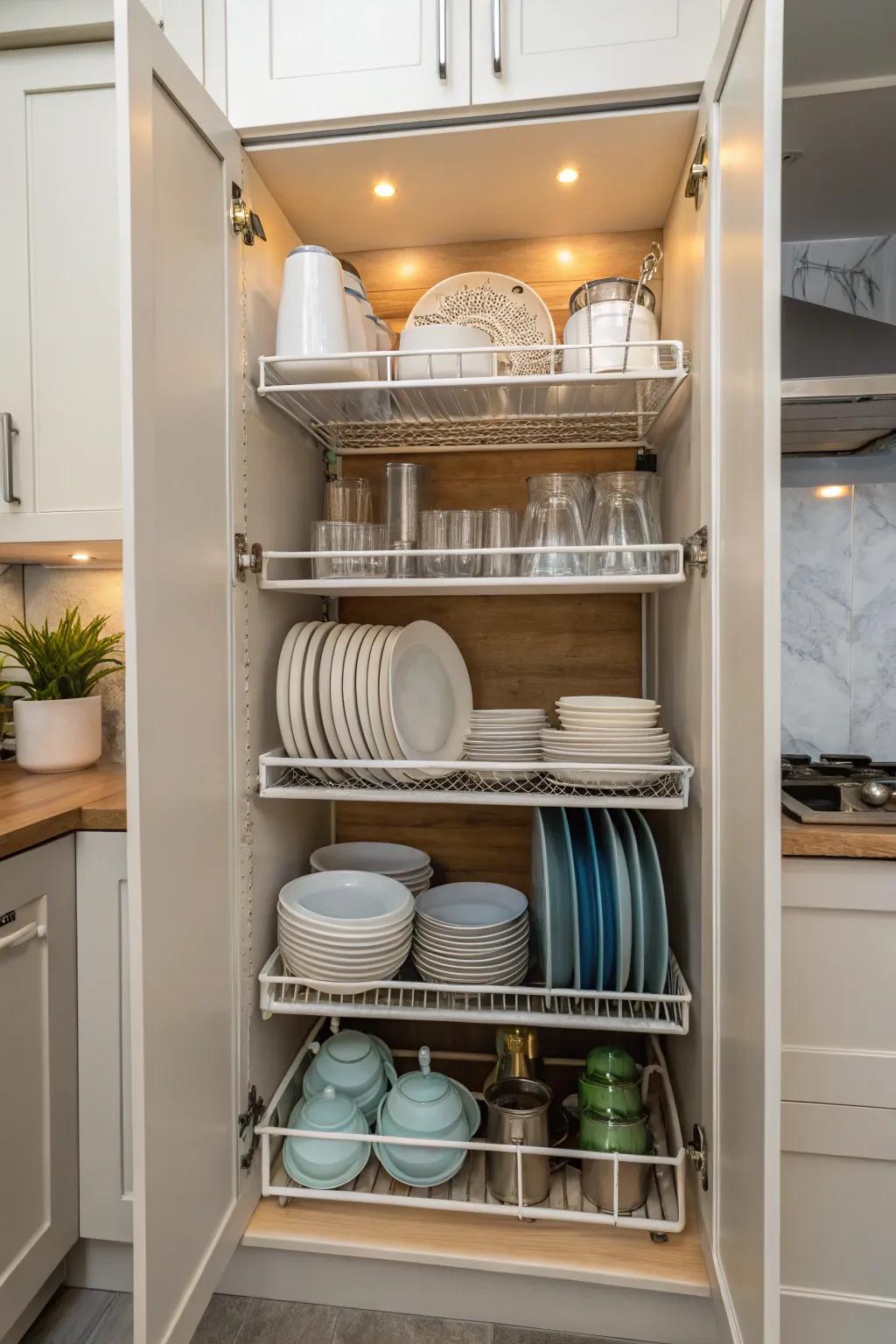 A slender cabinet featuring custom shelves accommodating numerous layers of kitchenware.
