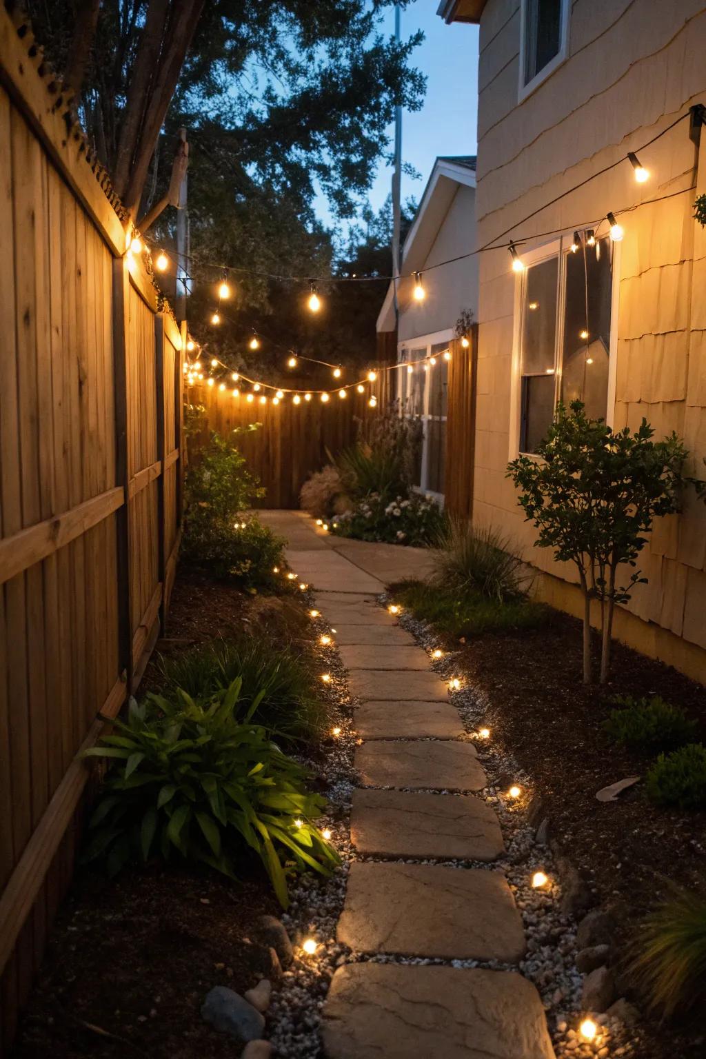 Soft lighting transforms a side yard into a nighttime retreat.