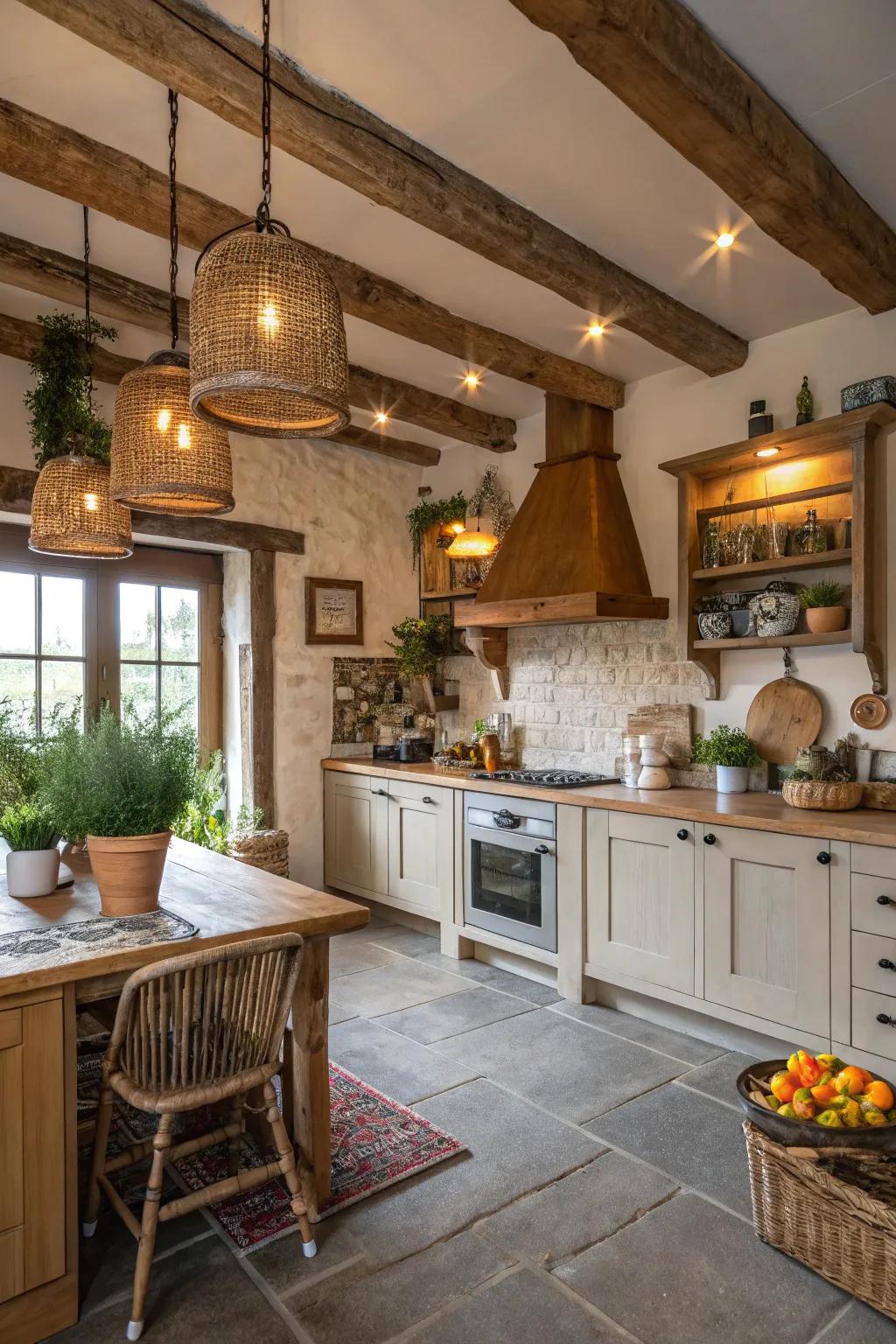 Uncovered timber overlays enhancing a modern cooking area with countryside appeal.