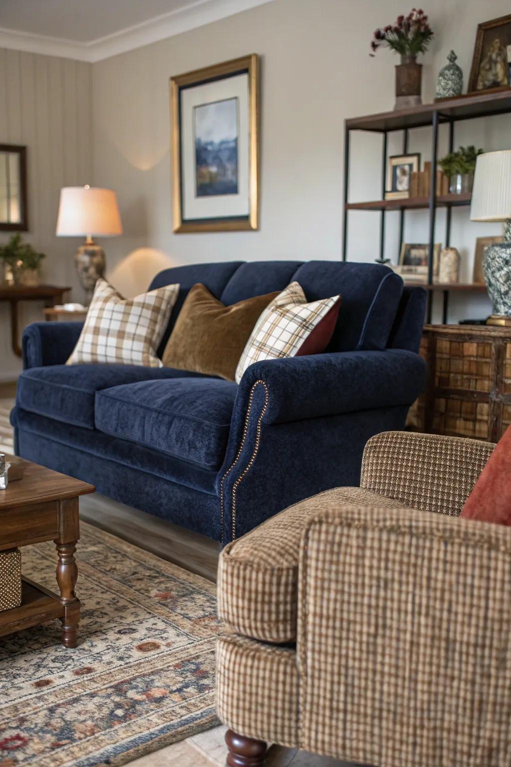 Textured navy and brown elements create a cozy and elegant living room.