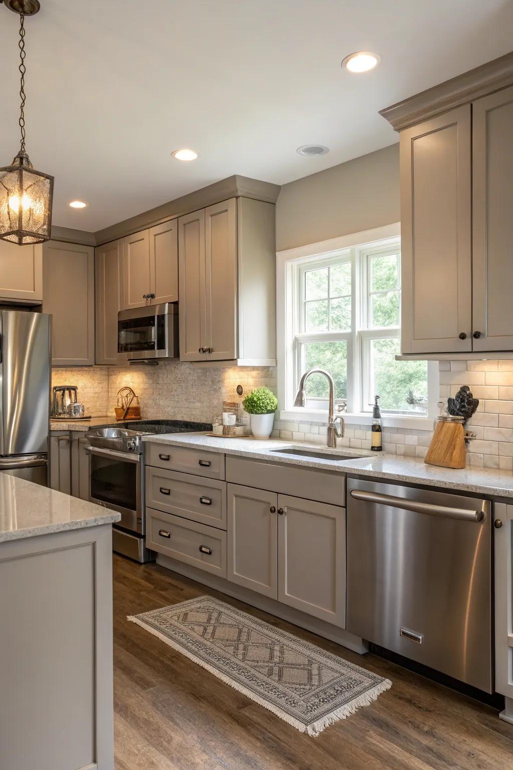 Greige balances warmth and coolness in a fashionable kitchen setting.