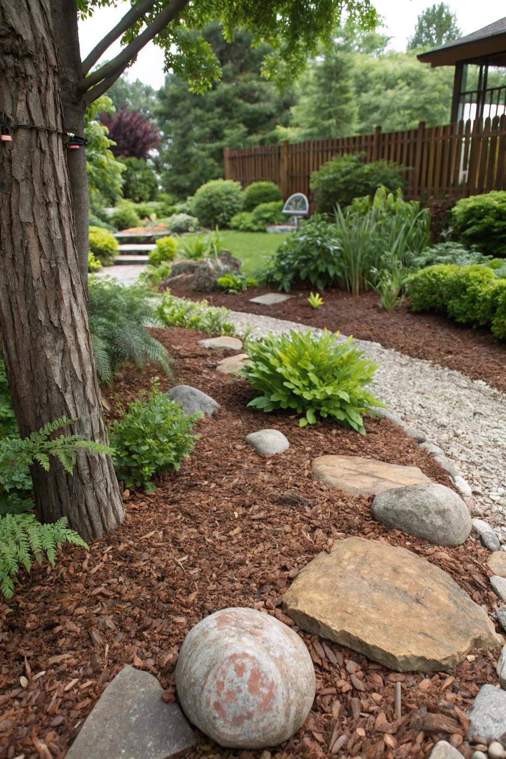 A tranquil outdoor space showcasing mulch and ground covers for effortless maintenance.