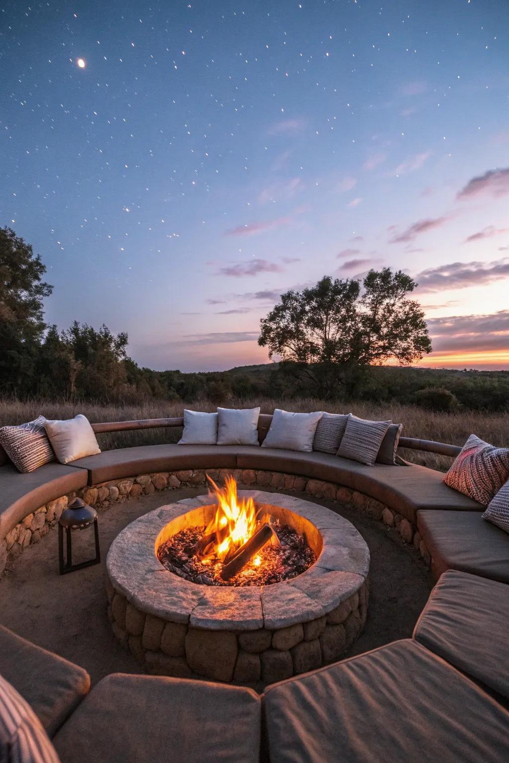 A fire pit creates an inviting and warm atmosphere.